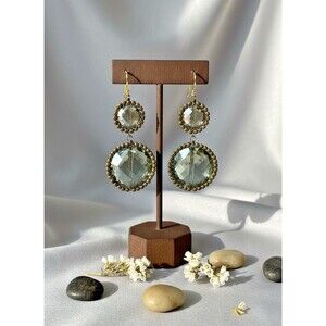 Vintage Dangle Earrings 1.75 Inch Antique Brass Bezel Double Drop